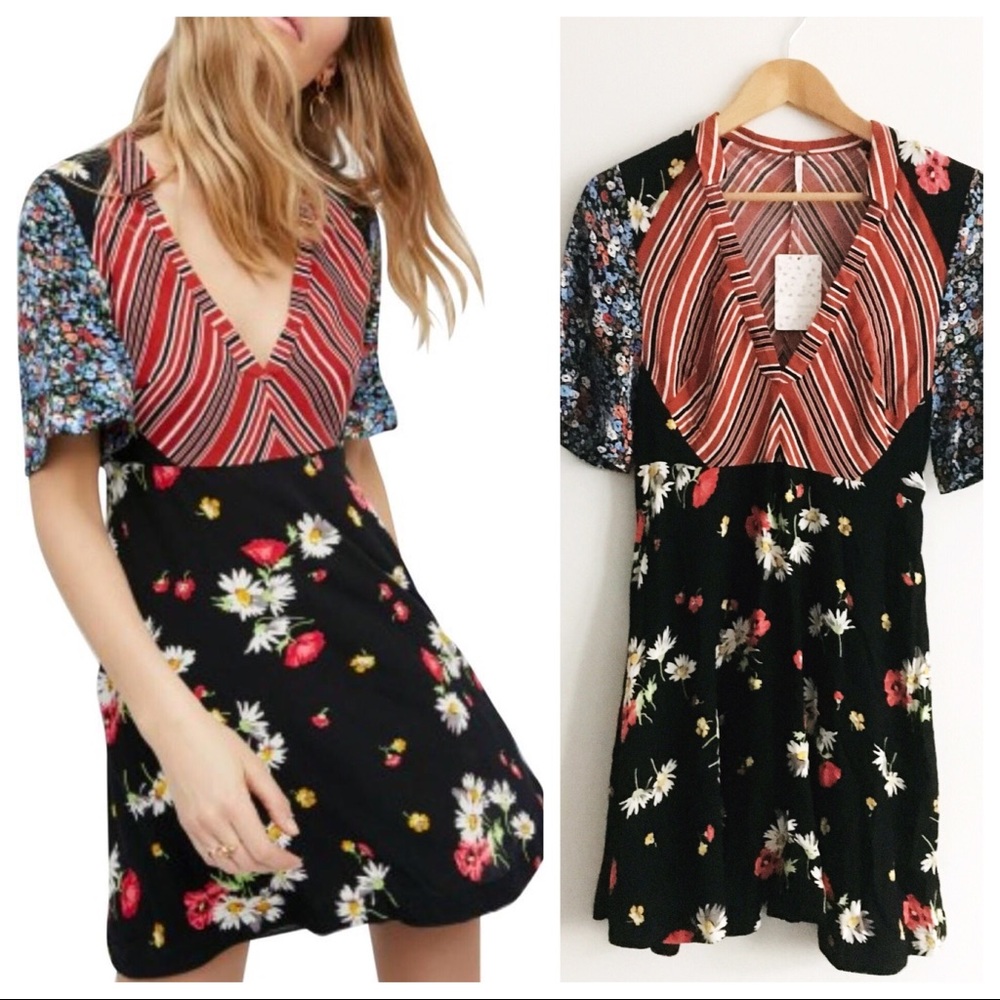 NWT Free People Floral Striped Fit Flare Dress